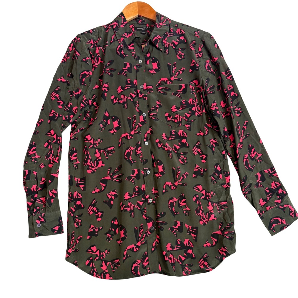 Banana Republic 100% Silk Oversized Blouse Womens S Green Long Sleeve Artsy